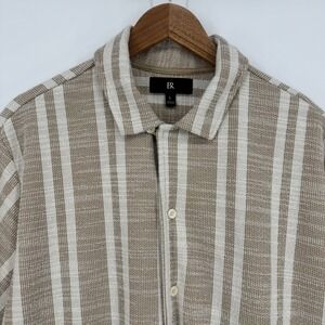 Banana Republic Mens Large Striped Jacquard Resort Shirt Short Sleeve Tan White